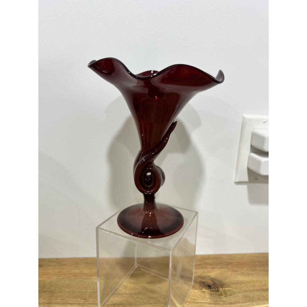 Hobbyist (?) Hand Blown Fluted Vase Maroon Red Maker Unknown
